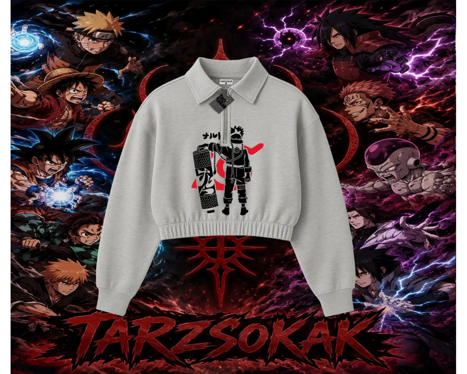 Naruto Uzumaki Premium Anime Kadın Crop Polo Yaka Yarım Fermuarlı Sweatshirt Beyaz