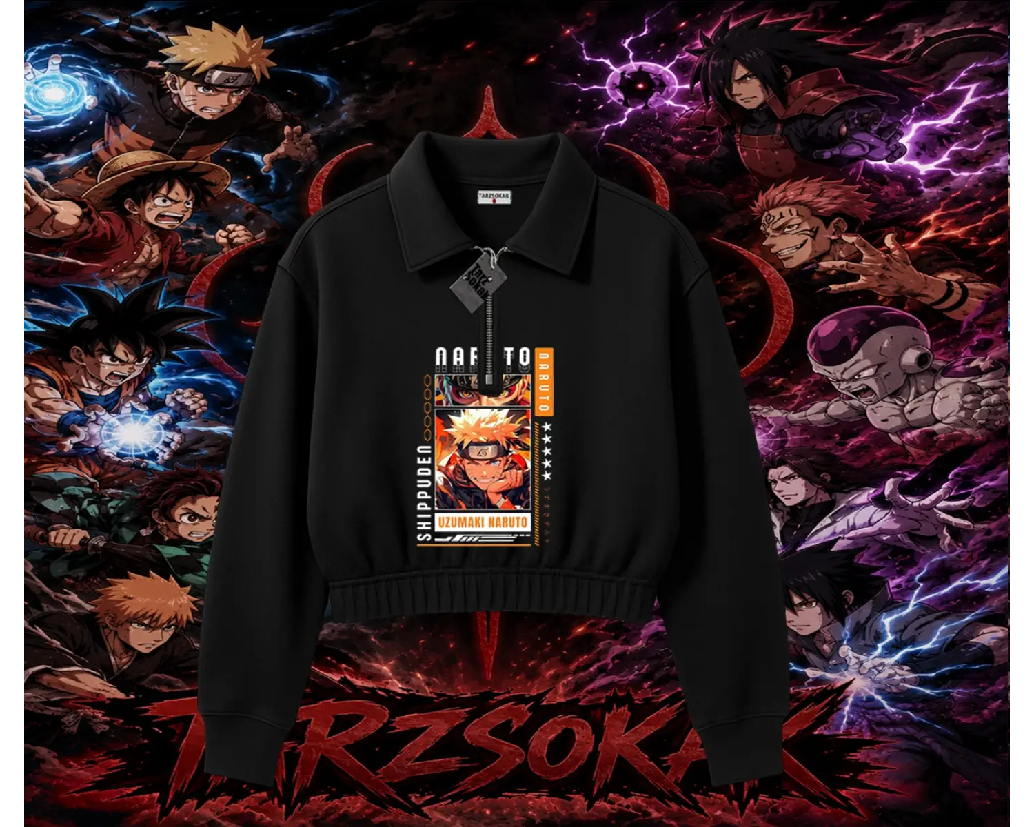 Naruto Uzumaki Premium Anime Kadın Crop Polo Yaka Yarım Fermuarlı Sweatshirt Beyaz