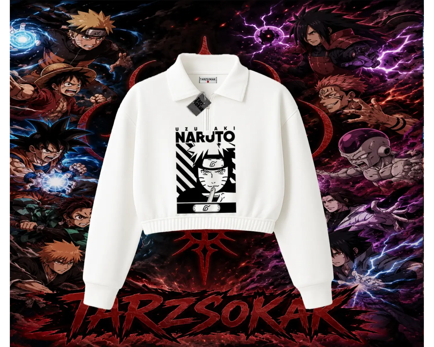 Naruto Uzumaki Premium Anime Kadın Crop Polo Yaka Yarım Fermuarlı Sweatshirt Beyaz