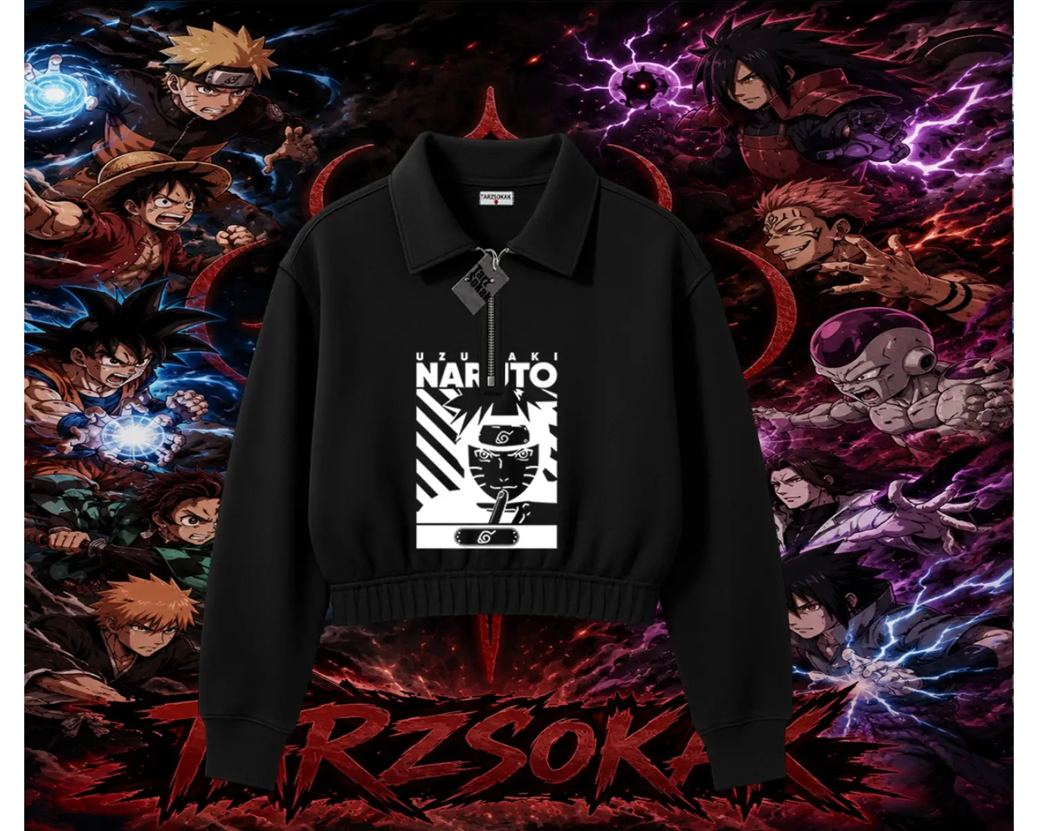 Naruto Uzumaki Premium Anime Kadın Crop Polo Yaka Yarım Fermuarlı Sweatshirt Beyaz