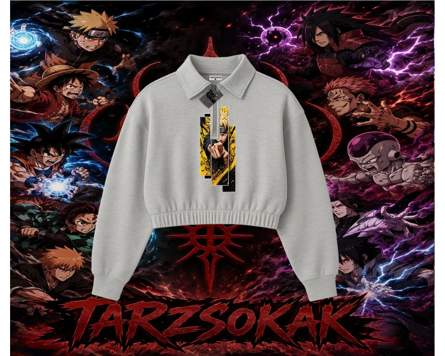 Naruto Uzumaki Premium Anime Kadın Crop Polo Yaka Yarım Fermuarlı Sweatshirt Beyaz
