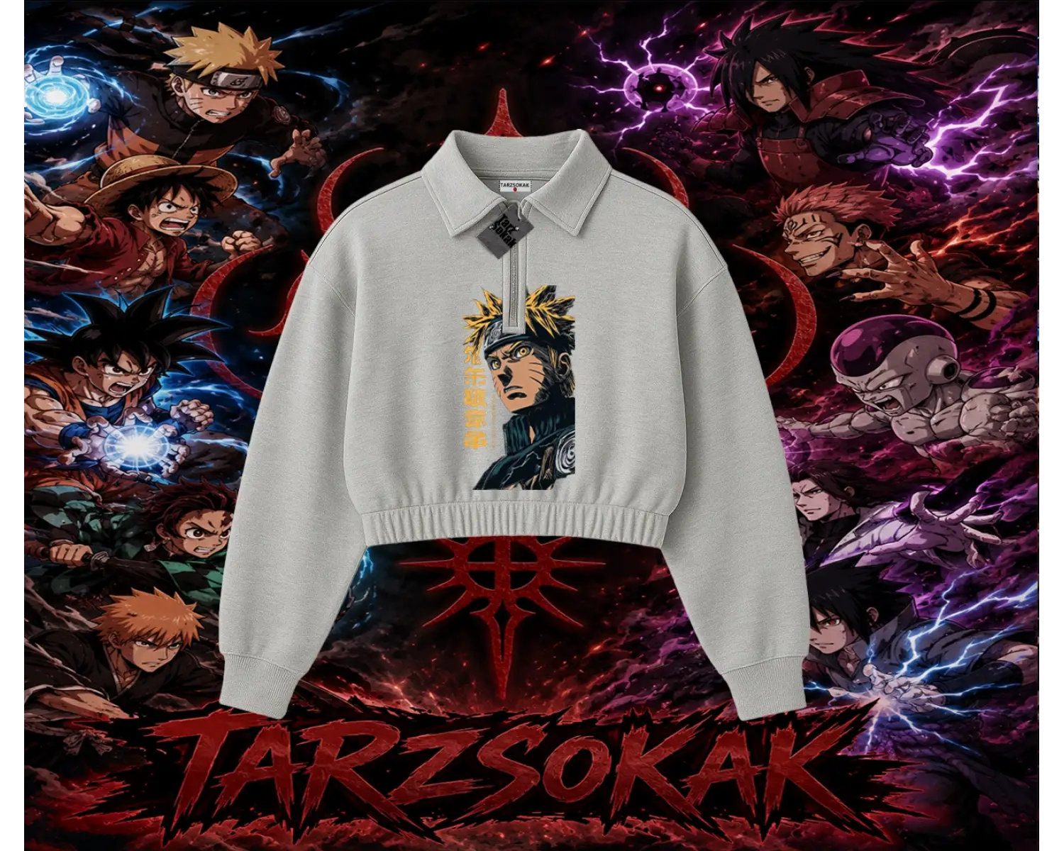 Naruto Uzumaki Premium Anime Kadın Crop Polo Yaka Yarım Fermuarlı Sweatshirt Beyaz