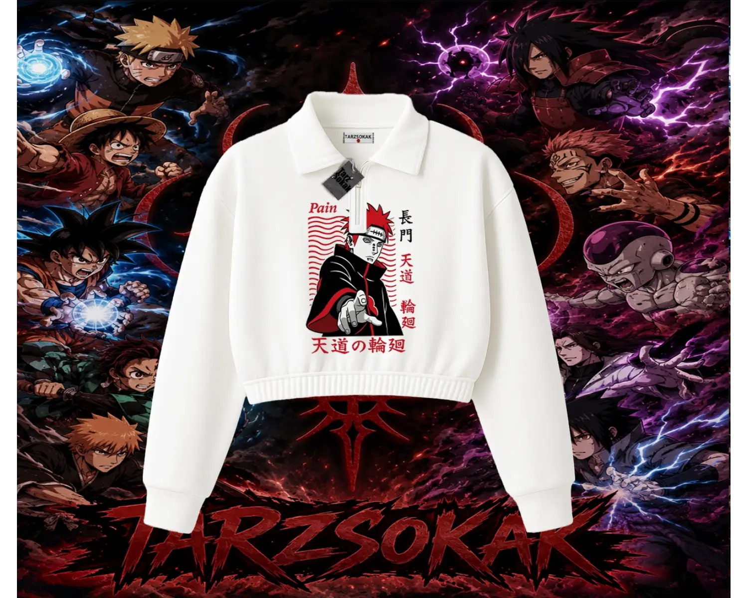 Naruto Uzumaki Premium Anime Kadın Crop Polo Yaka Yarım Fermuarlı Sweatshirt Beyaz
