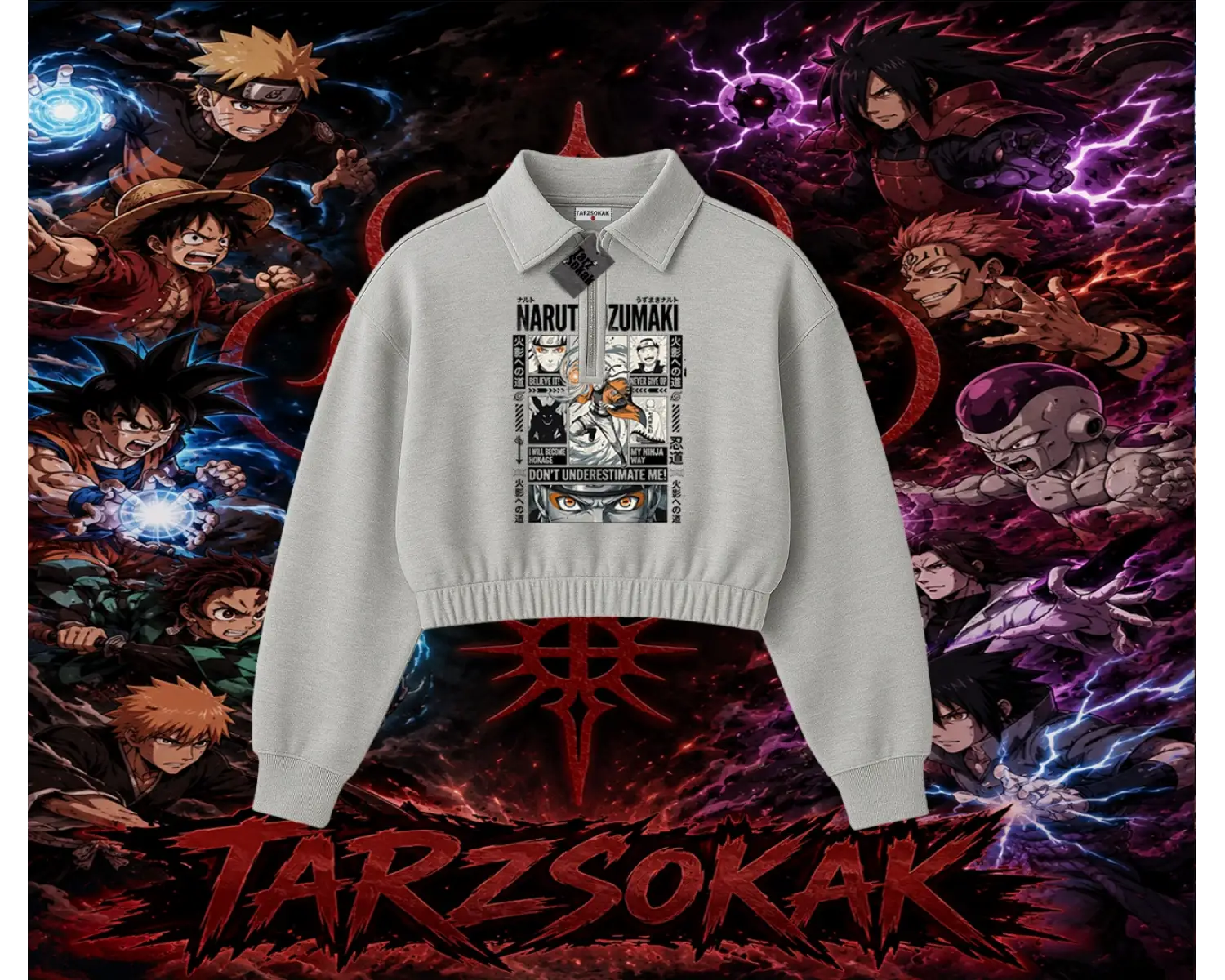 Naruto Uzumaki Premium Anime Kadın Crop Polo Yaka Yarım Fermuarlı Sweatshirt Beyaz