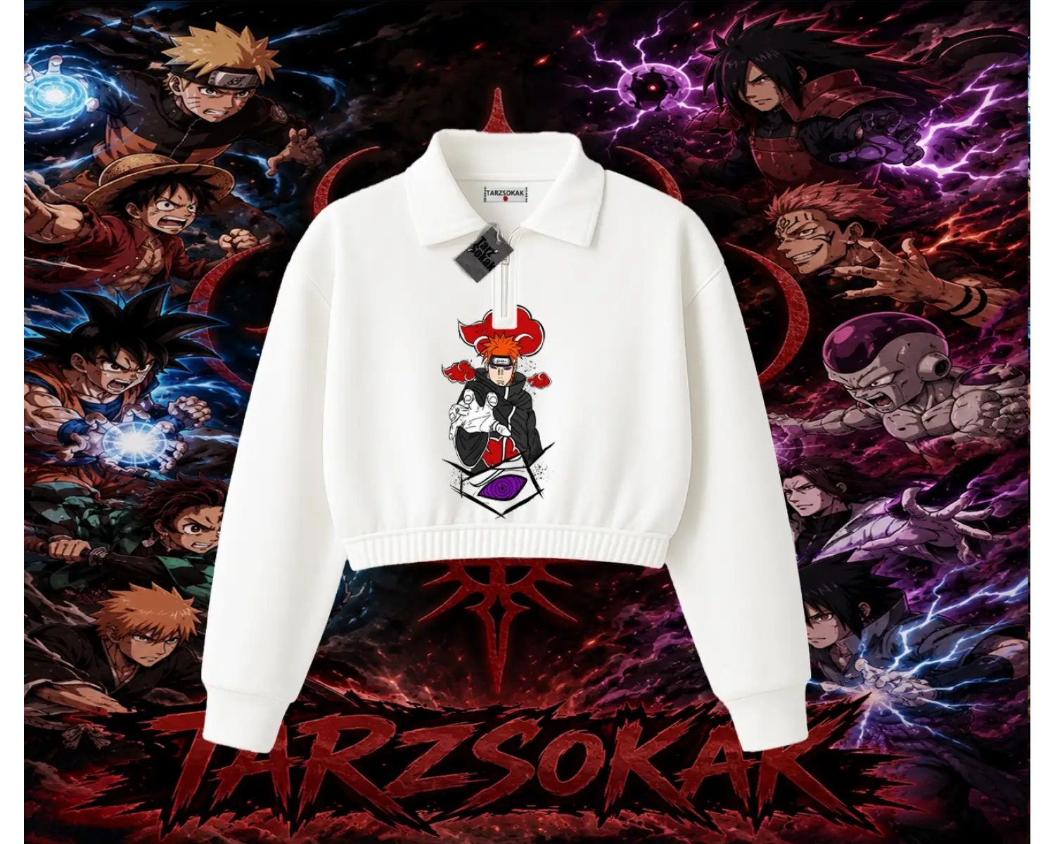 Naruto Uzumaki Premium Anime Kadın Crop Polo Yaka Yarım Fermuarlı Sweatshirt Beyaz