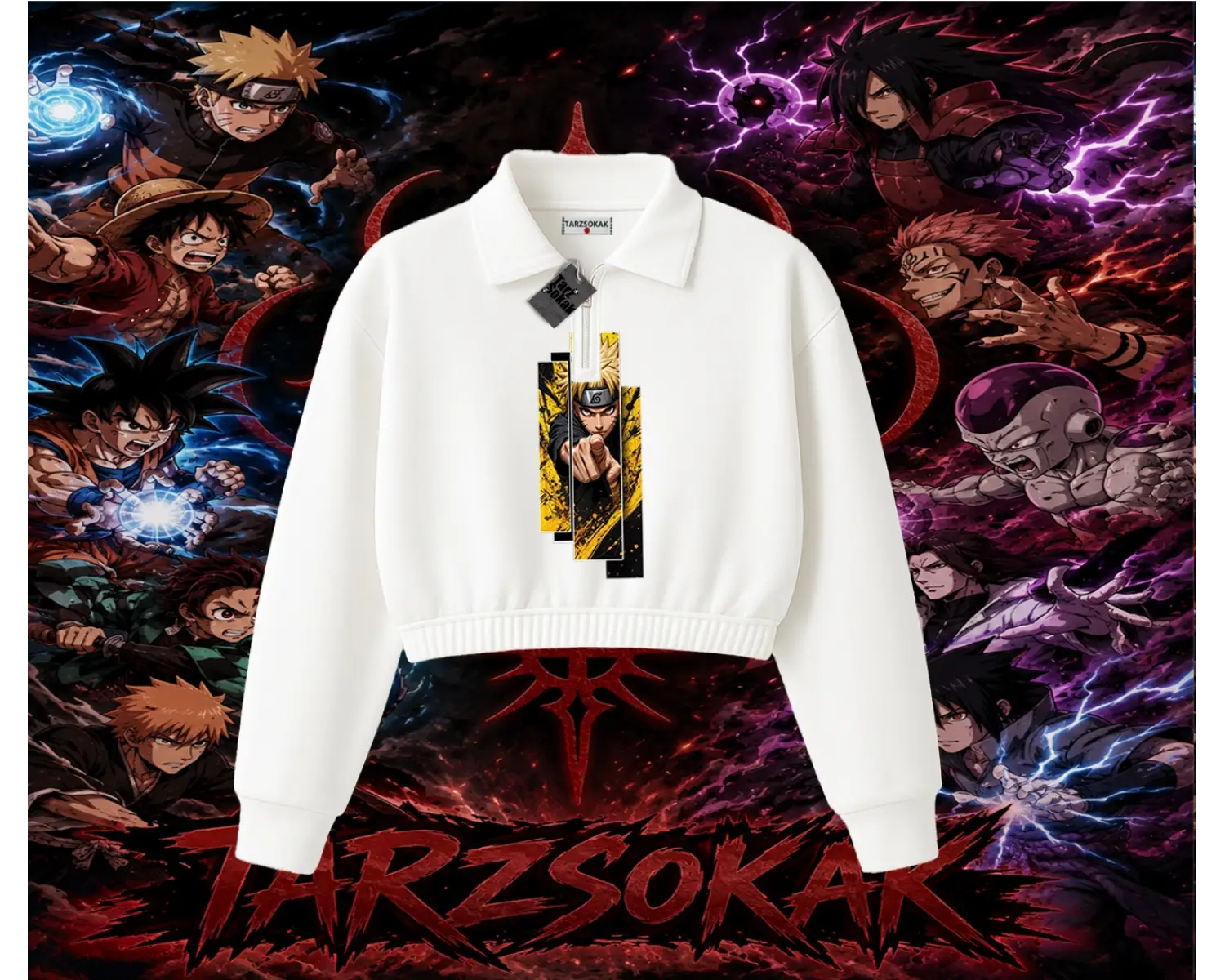 Naruto Uzumaki Premium Anime Kadın Crop Polo Yaka Yarım Fermuarlı Sweatshirt Beyaz