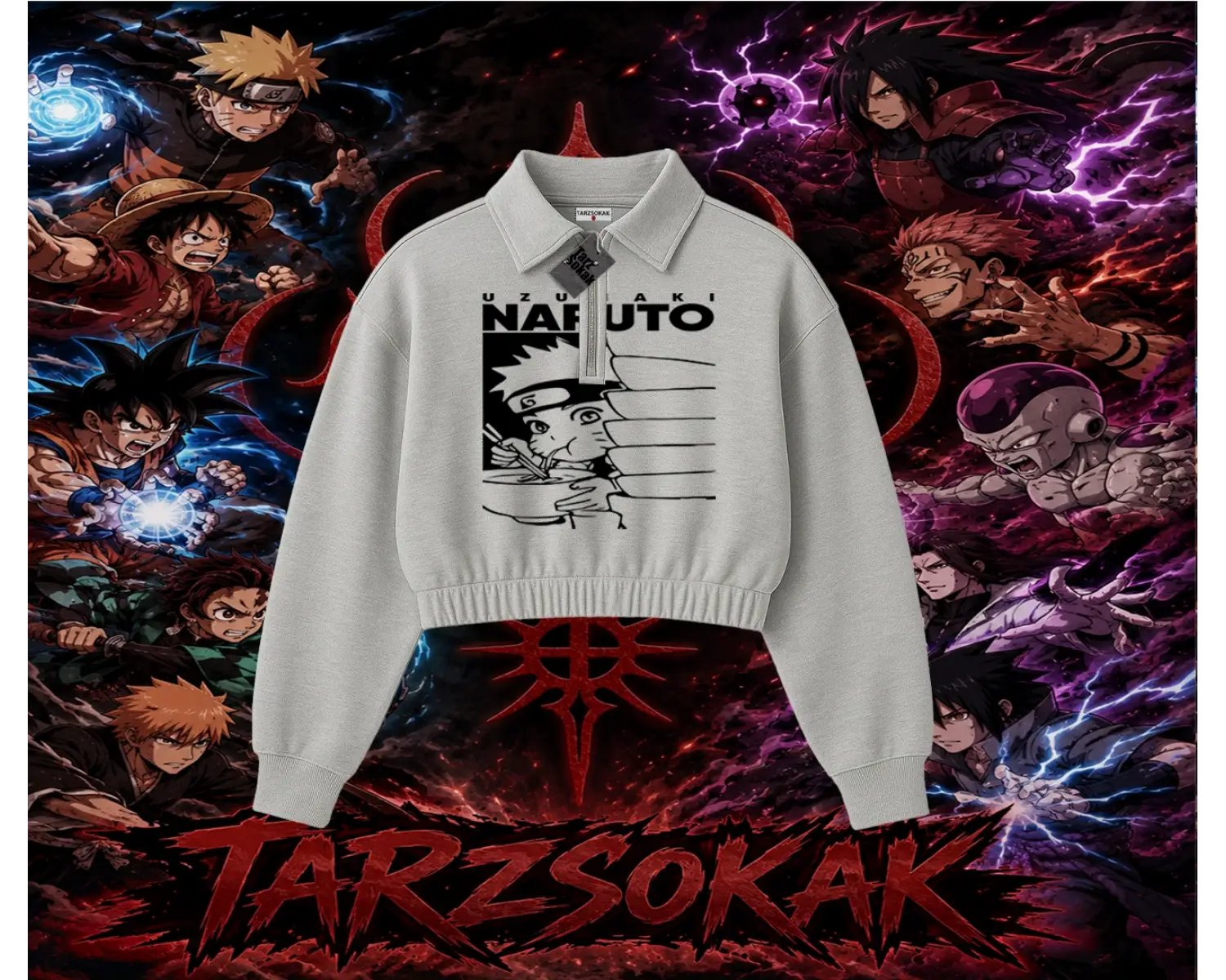 Naruto Uzumaki Premium Anime Kadın Crop Polo Yaka Yarım Fermuarlı Sweatshirt Beyaz