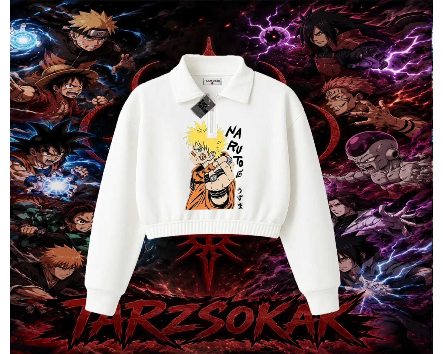 Naruto Uzumaki Premium Anime Kadın Crop Polo Yaka Yarım Fermuarlı Sweatshirt Beyaz
