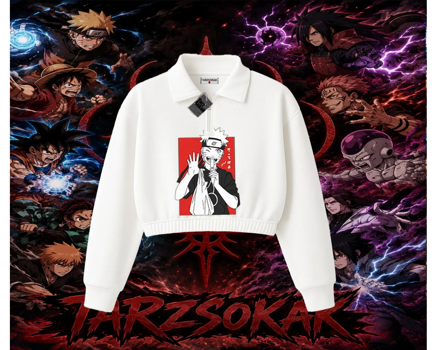 Naruto Uzumaki Premium Anime Kadın Crop Polo Yaka Yarım Fermuarlı Sweatshirt Beyaz