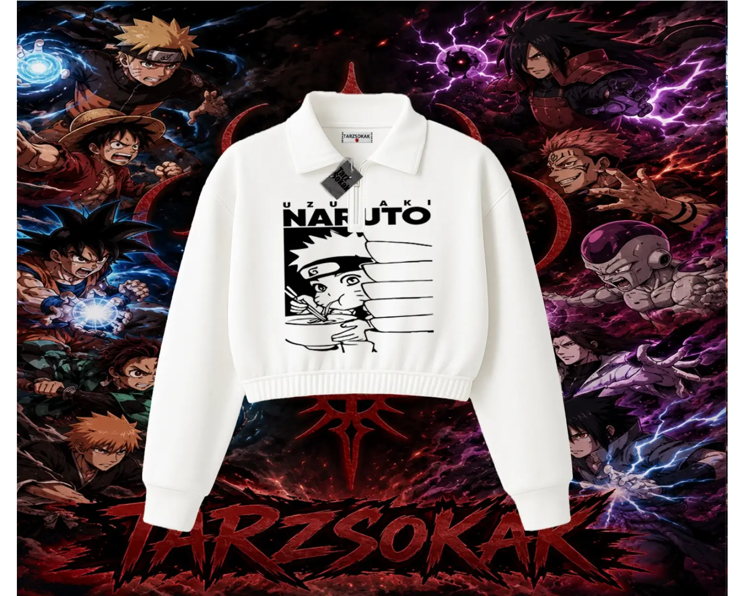 Naruto Uzumaki Premium Anime Kadın Crop Polo Yaka Yarım Fermuarlı Sweatshirt Beyaz