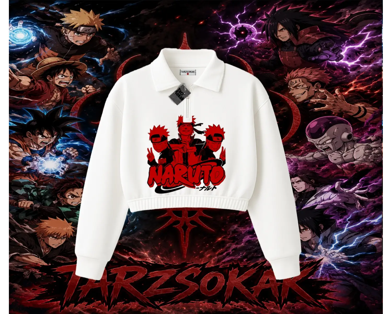 Naruto Uzumaki Premium Anime Kadın Crop Polo Yaka Yarım Fermuarlı Sweatshirt Beyaz