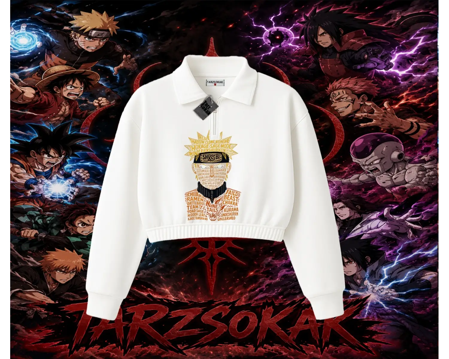 Naruto Uzumaki Premium Anime Kadın Crop Polo Yaka Yarım Fermuarlı Sweatshirt Beyaz