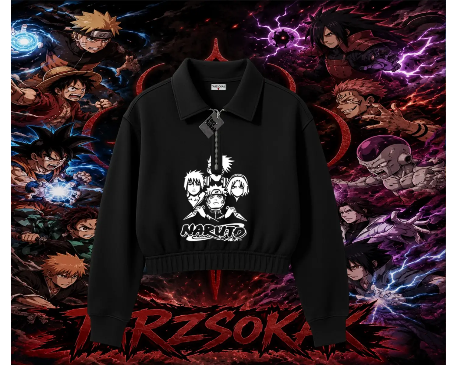 Naruto Uzumaki Premium Anime Kadın Crop Polo Yaka Yarım Fermuarlı Sweatshirt Beyaz