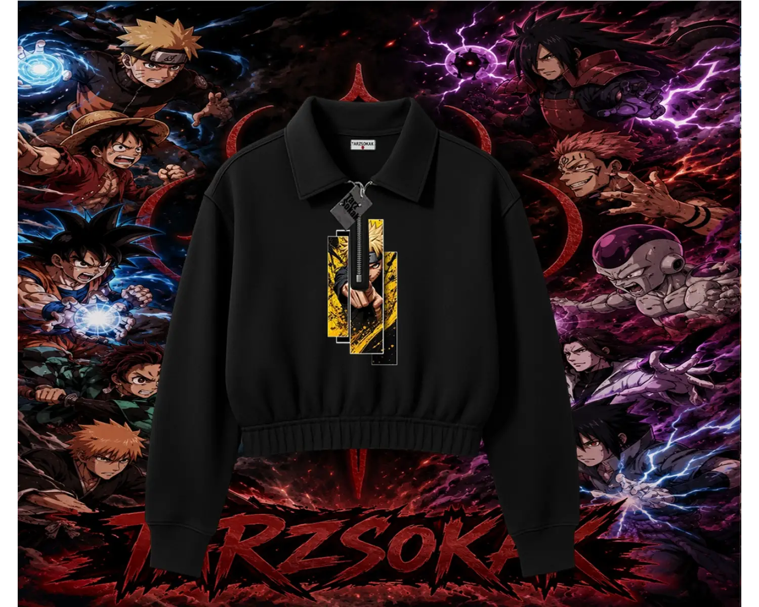 Naruto Uzumaki Premium Anime Kadın Crop Polo Yaka Yarım Fermuarlı Sweatshirt Beyaz