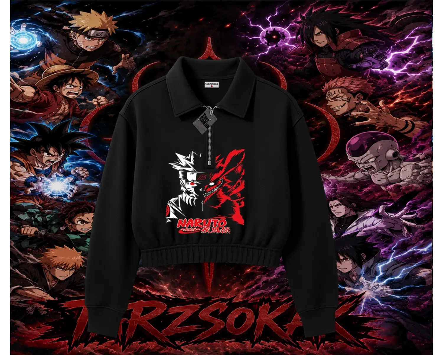 Naruto Uzumaki Premium Anime Kadın Crop Polo Yaka Yarım Fermuarlı Sweatshirt Beyaz