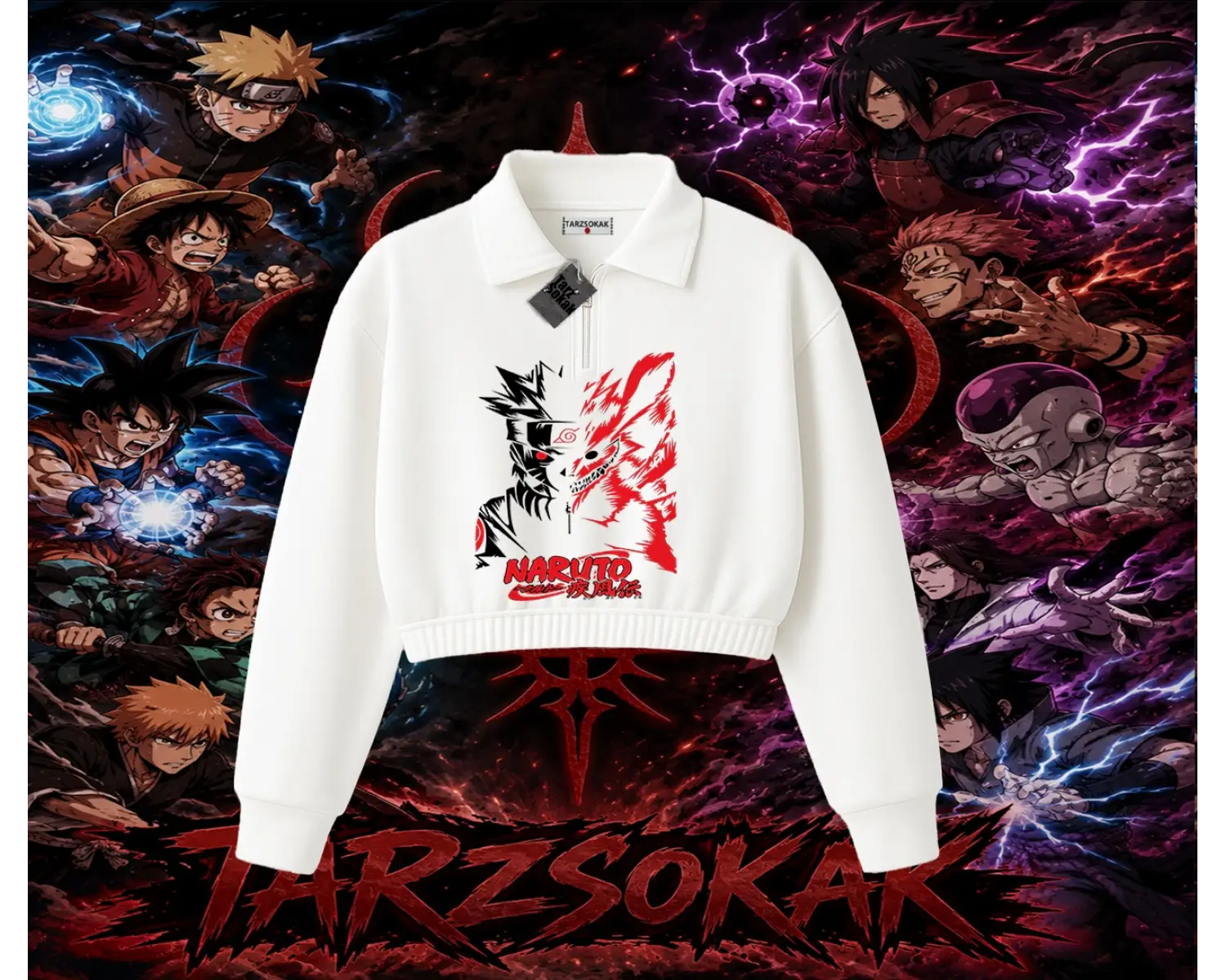 Naruto Uzumaki Premium Anime Kadın Crop Polo Yaka Yarım Fermuarlı Sweatshirt Beyaz