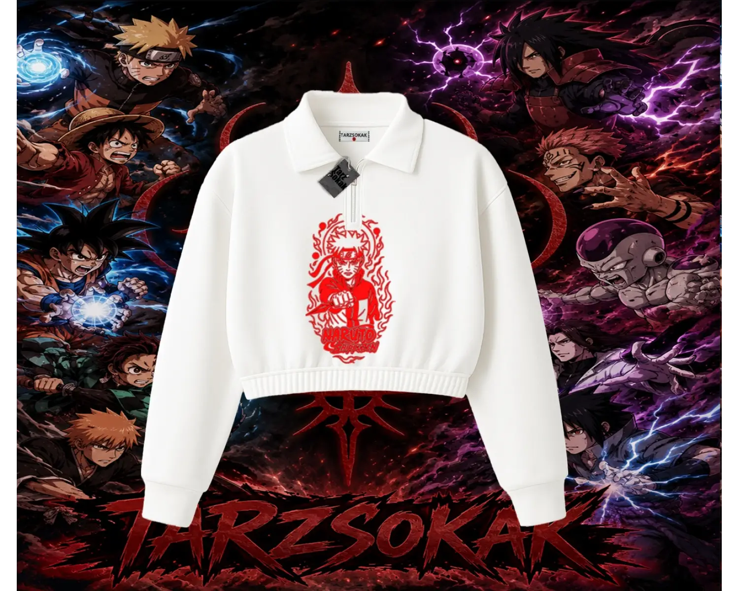 Naruto Uzumaki Premium Anime Kadın Crop Polo Yaka Yarım Fermuarlı Sweatshirt Beyaz