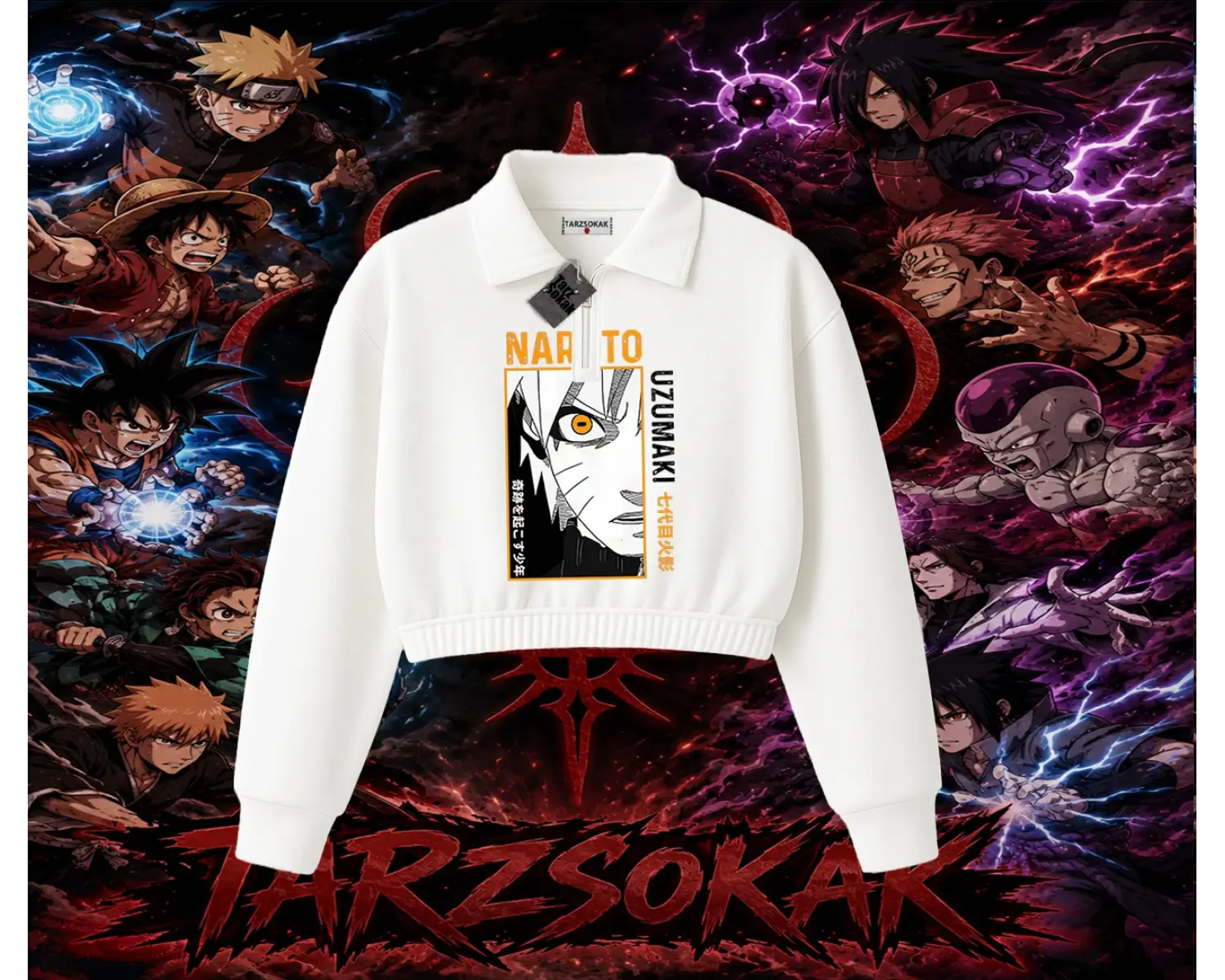 Naruto Uzumaki Premium Anime Kadın Crop Polo Yaka Yarım Fermuarlı Sweatshirt Beyaz