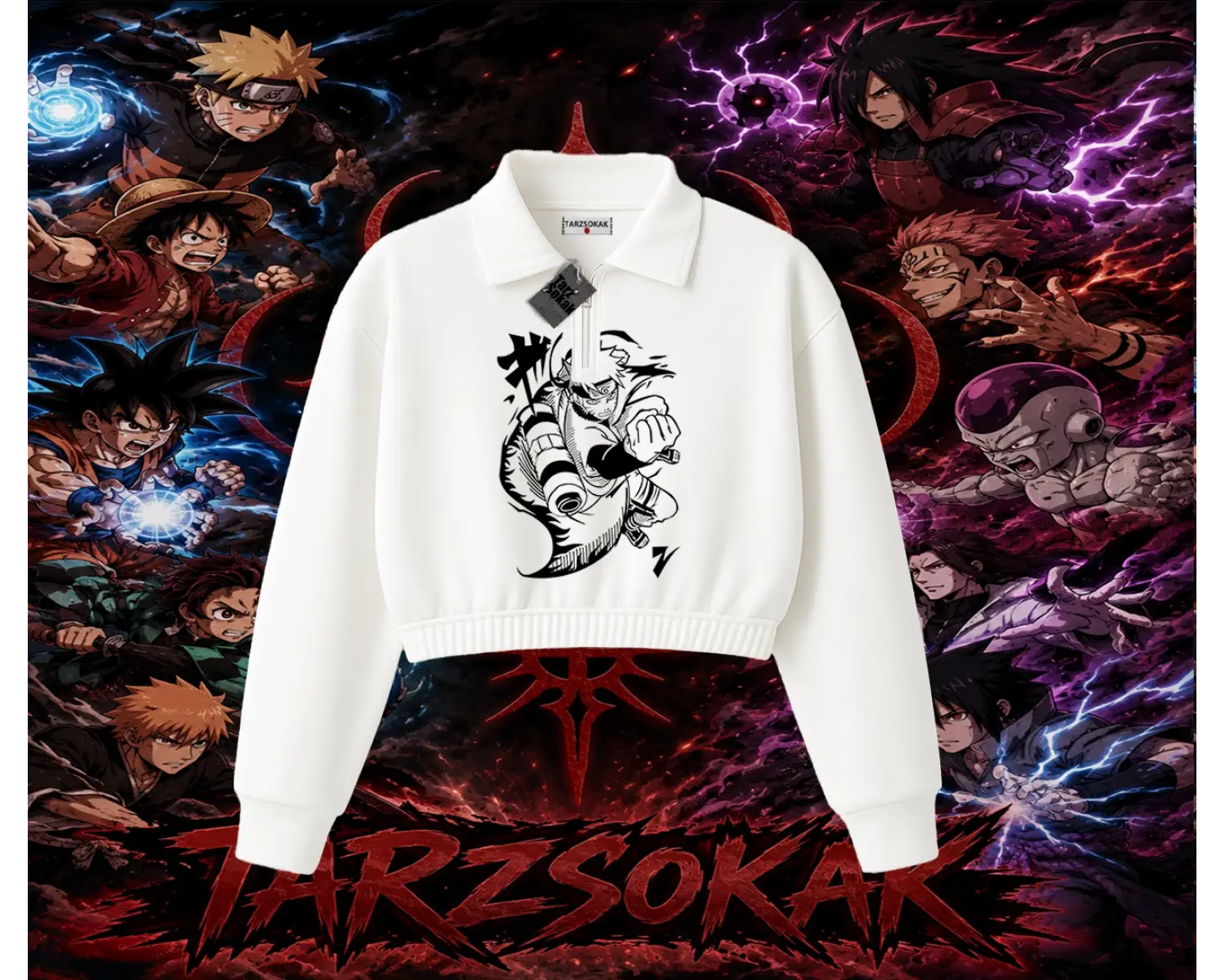 Naruto Uzumaki Premium Anime Kadın Crop Polo Yaka Yarım Fermuarlı Sweatshirt Beyaz