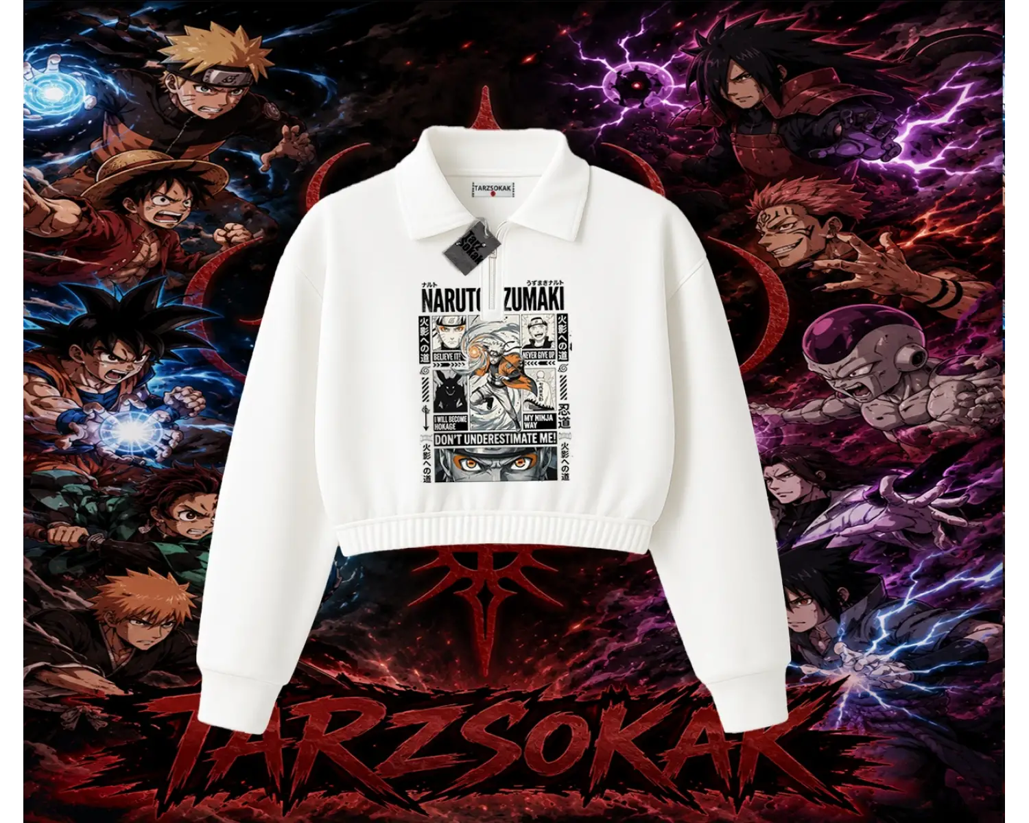 Naruto Uzumaki Premium Anime Kadın Crop Polo Yaka Yarım Fermuarlı Sweatshirt Beyaz