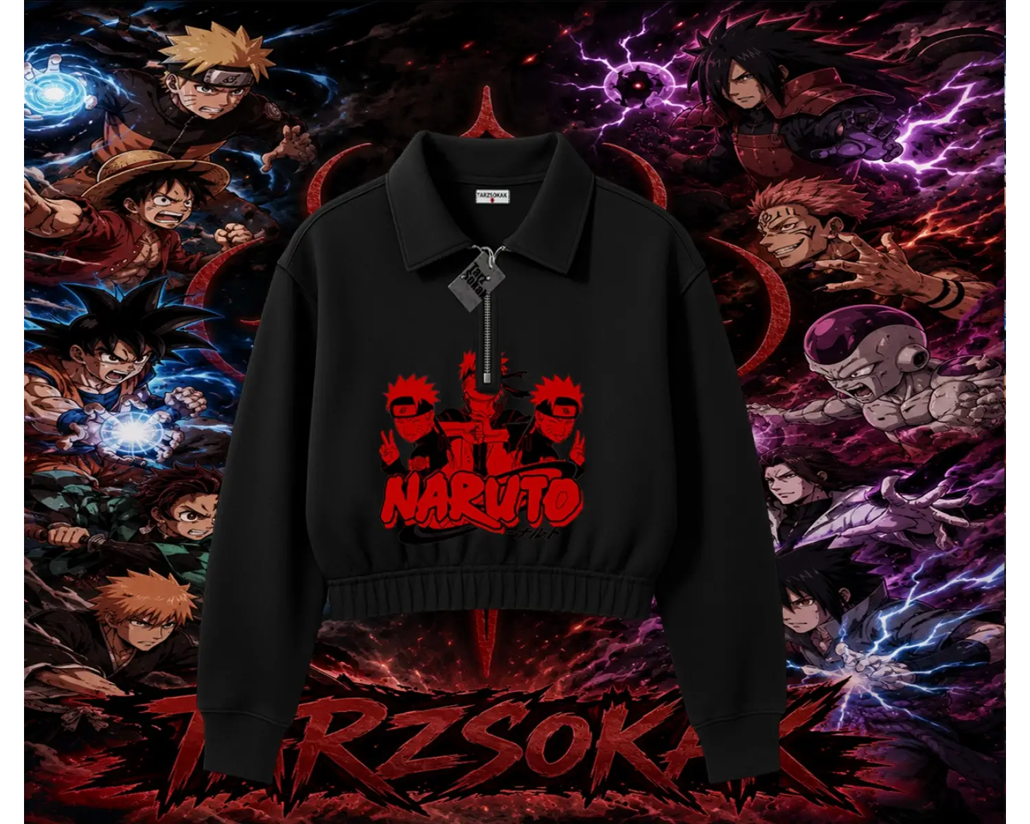 Naruto Uzumaki Premium Anime Kadın Crop Polo Yaka Yarım Fermuarlı Sweatshirt Beyaz