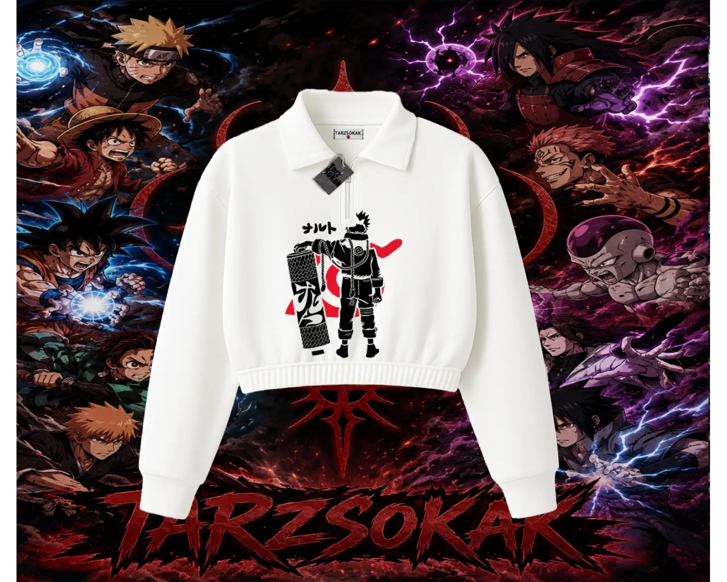 Naruto Uzumaki Premium Anime Kadın Crop Polo Yaka Yarım Fermuarlı Sweatshirt Beyaz