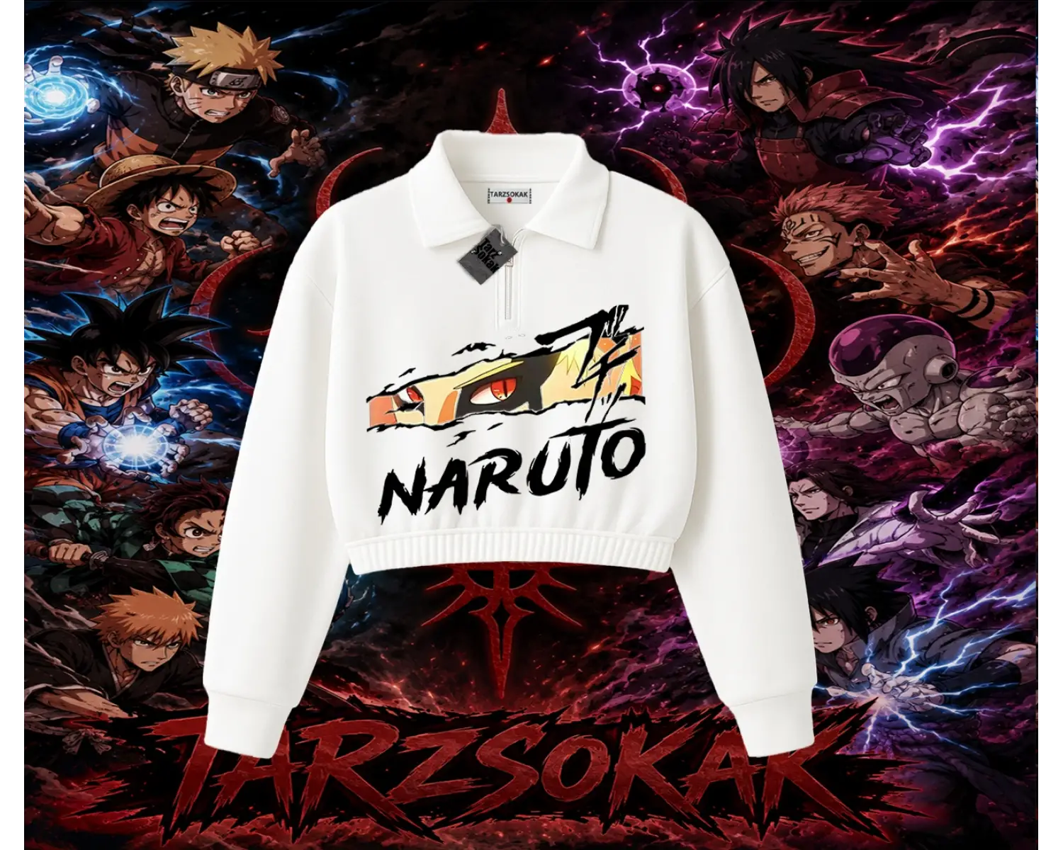 Naruto Uzumaki Premium Anime Kadın Crop Polo Yaka Yarım Fermuarlı Sweatshirt Beyaz