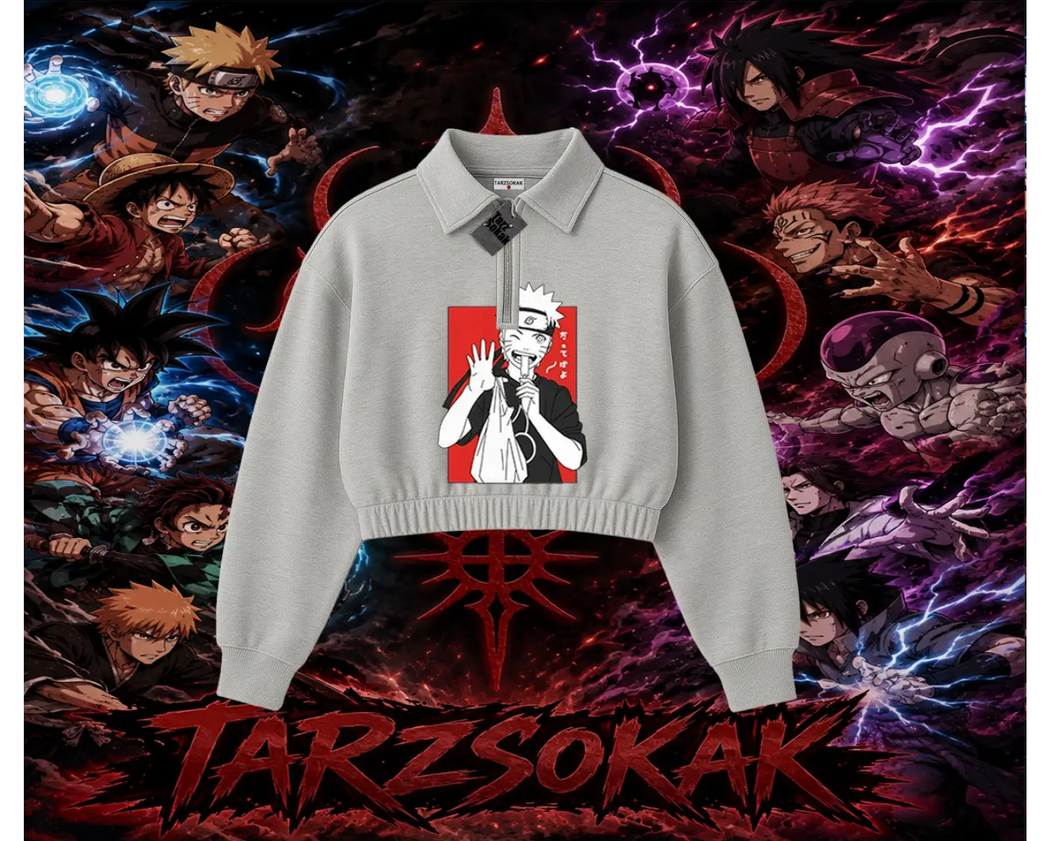 Naruto Uzumaki Premium Anime Kadın Crop Polo Yaka Yarım Fermuarlı Sweatshirt Beyaz
