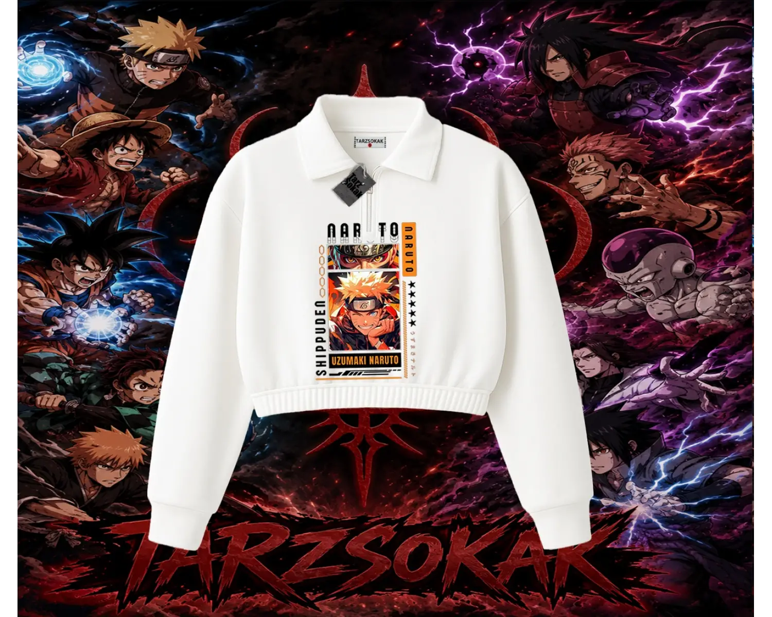 Naruto Uzumaki Premium Anime Kadın Crop Polo Yaka Yarım Fermuarlı Sweatshirt Beyaz