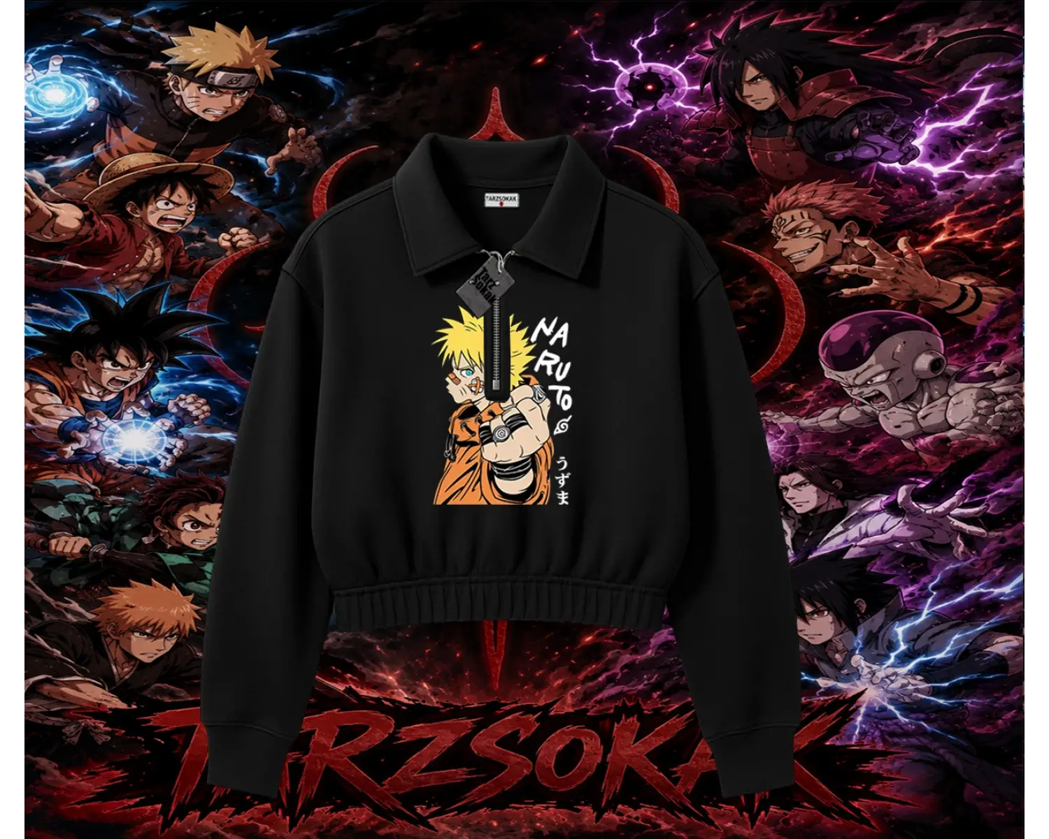 Naruto Uzumaki Premium Anime Kadın Crop Polo Yaka Yarım Fermuarlı Sweatshirt Beyaz