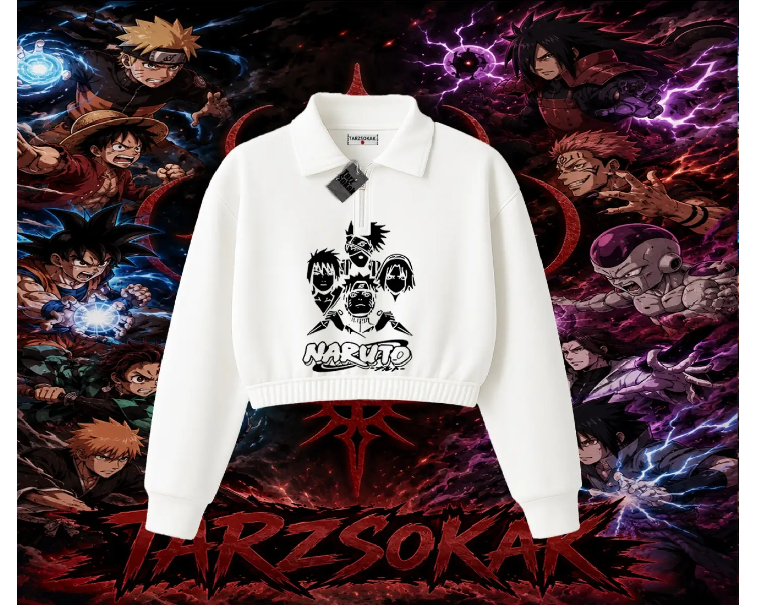 Naruto Uzumaki Premium Anime Kadın Crop Polo Yaka Yarım Fermuarlı Sweatshirt Beyaz
