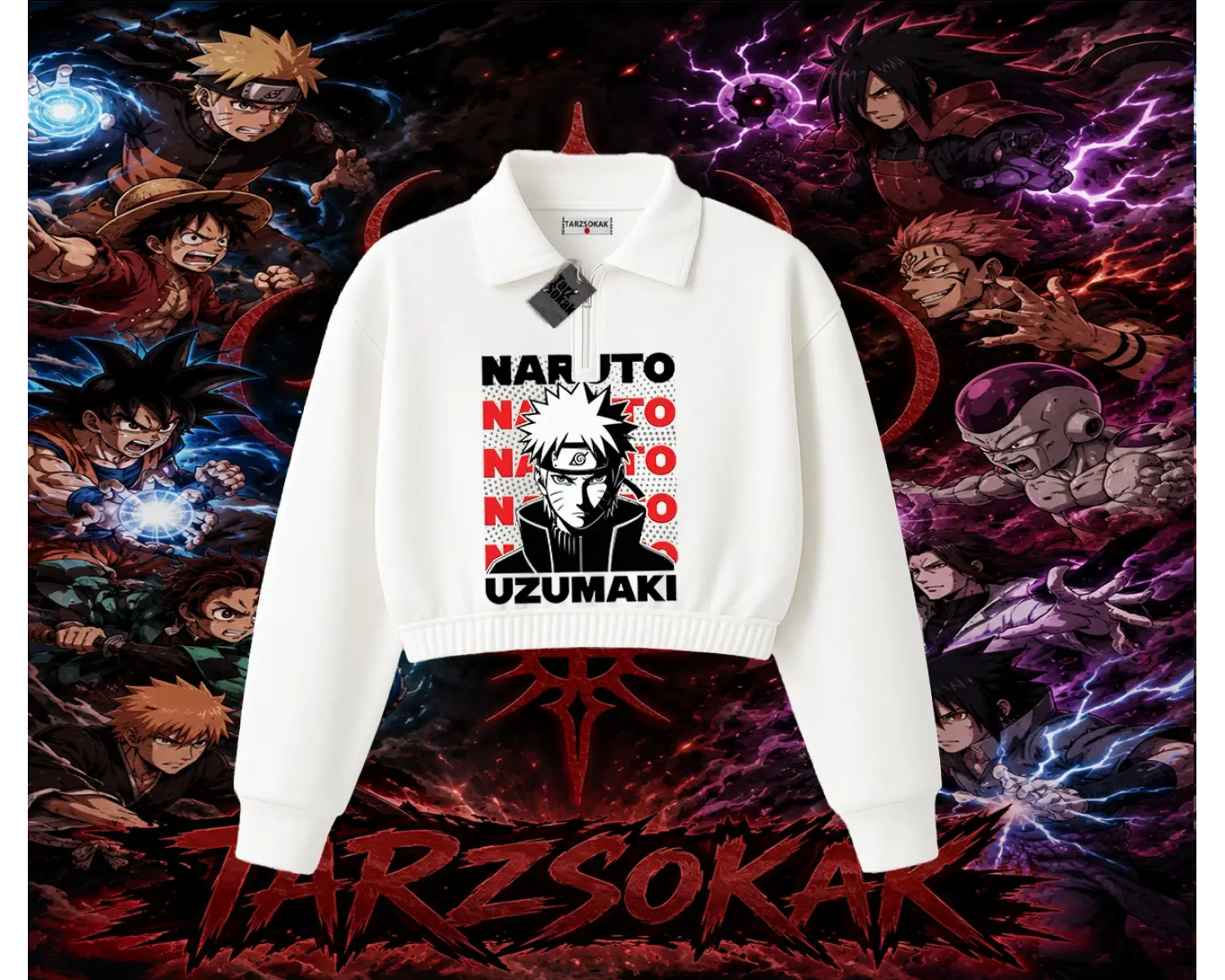 Naruto Uzumaki Premium Anime Kadın Crop Polo Yaka Yarım Fermuarlı Sweatshirt Beyaz