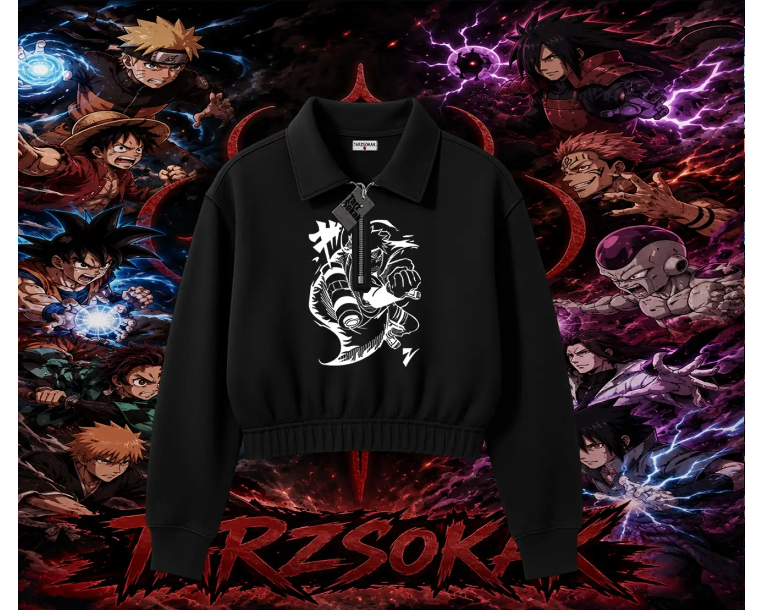 Naruto Uzumaki Premium Anime Kadın Crop Polo Yaka Yarım Fermuarlı Sweatshirt Beyaz