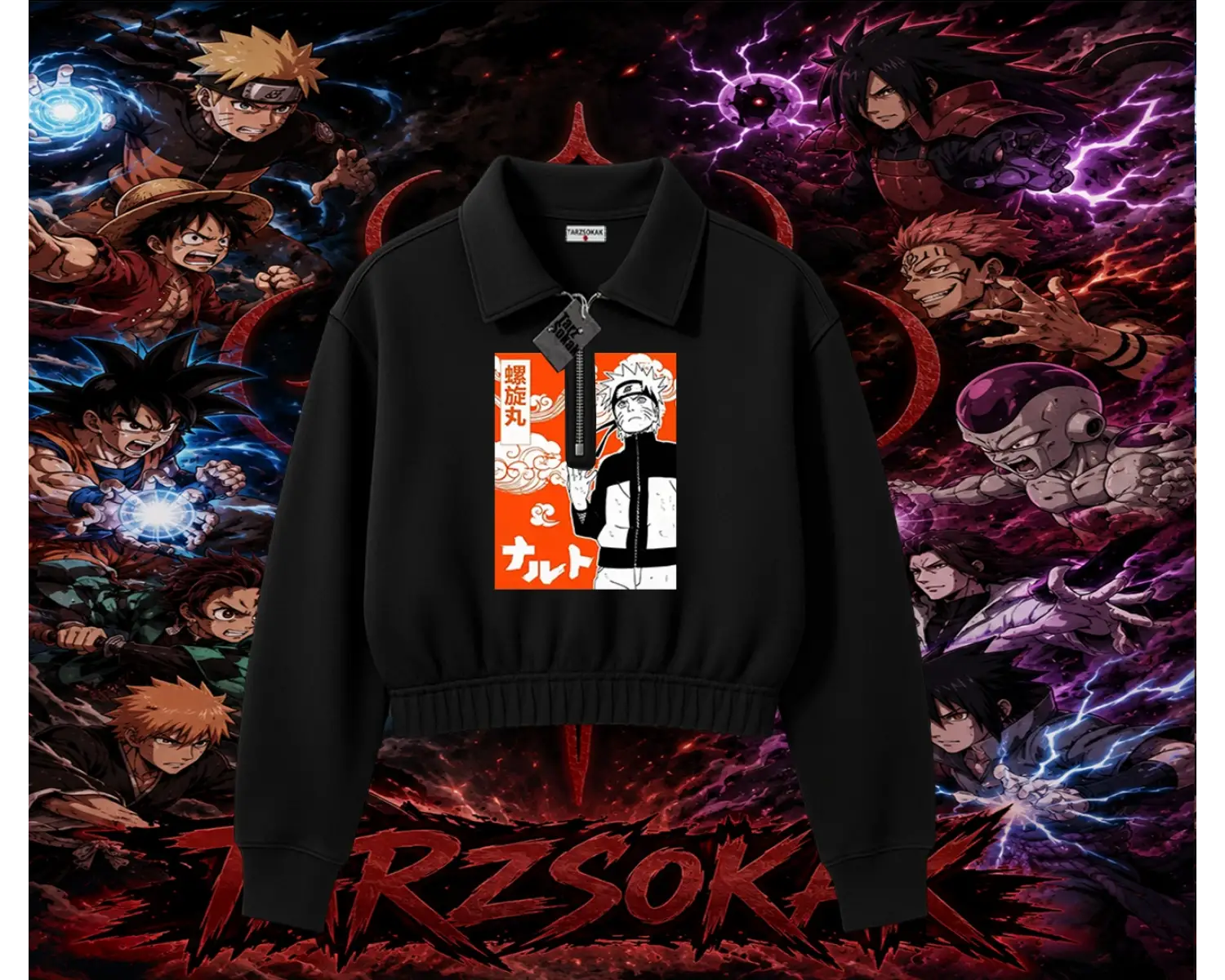 Naruto Uzumaki Premium Anime Kadın Crop Polo Yaka Yarım Fermuarlı Sweatshirt Beyaz