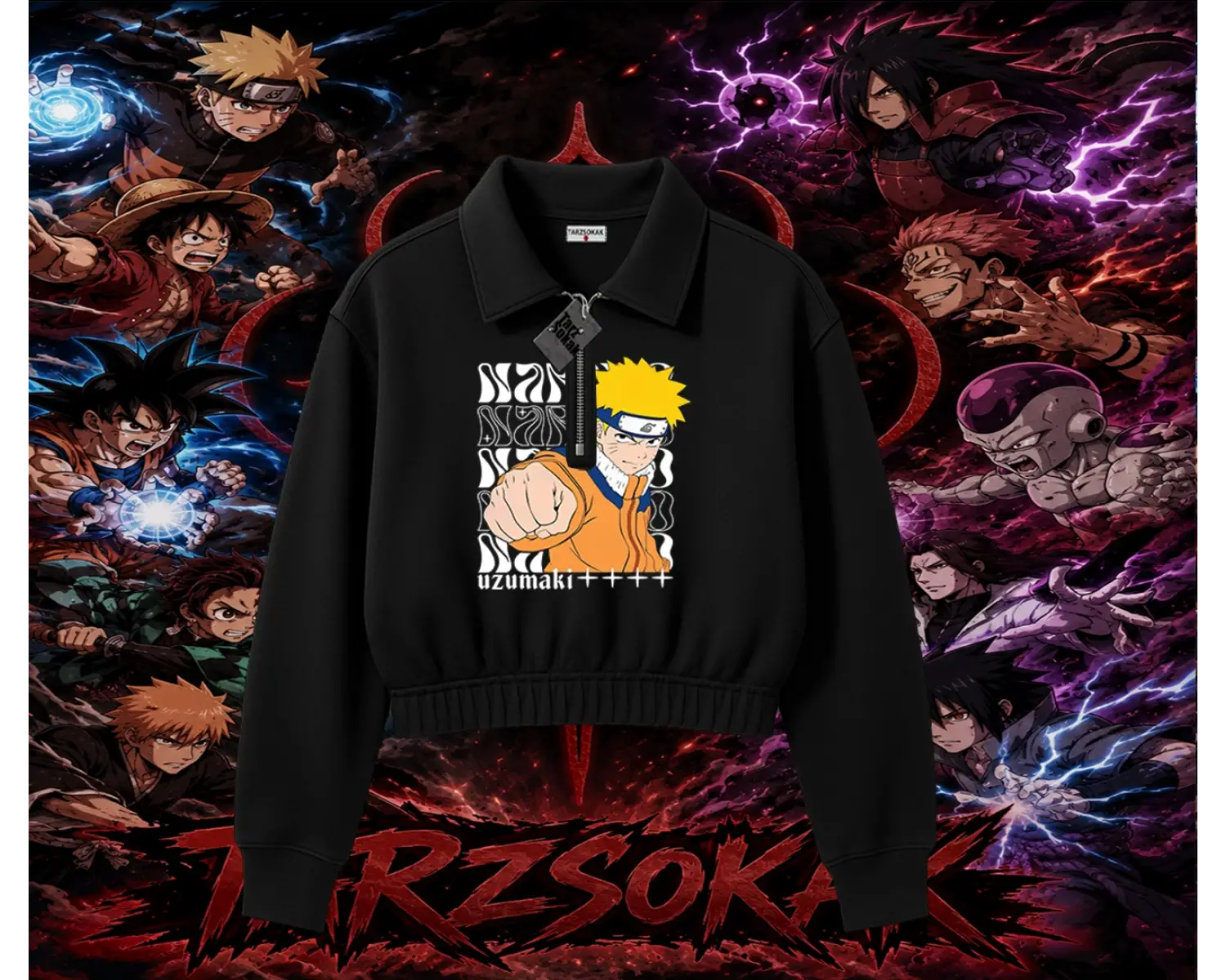 Naruto Uzumaki Premium Anime Kadın Crop Polo Yaka Yarım Fermuarlı Sweatshirt Beyaz