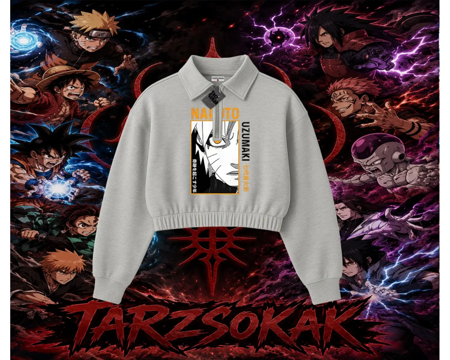 Naruto Uzumaki Premium Anime Kadın Crop Polo Yaka Yarım Fermuarlı Sweatshirt Beyaz