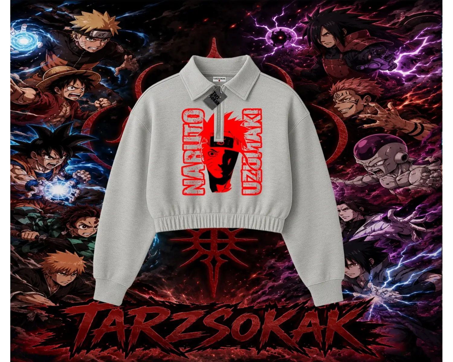 Naruto Uzumaki Premium Anime Kadın Crop Polo Yaka Yarım Fermuarlı Sweatshirt Beyaz