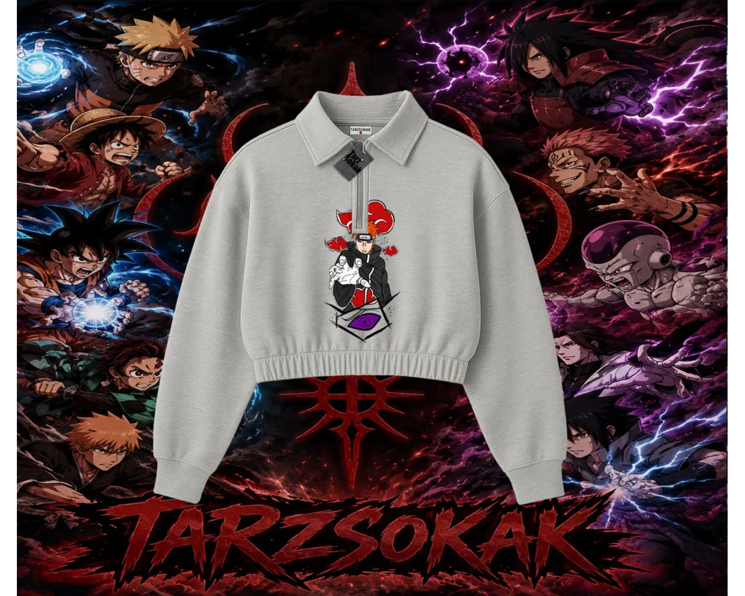 Naruto Uzumaki Premium Anime Kadın Crop Polo Yaka Yarım Fermuarlı Sweatshirt Beyaz