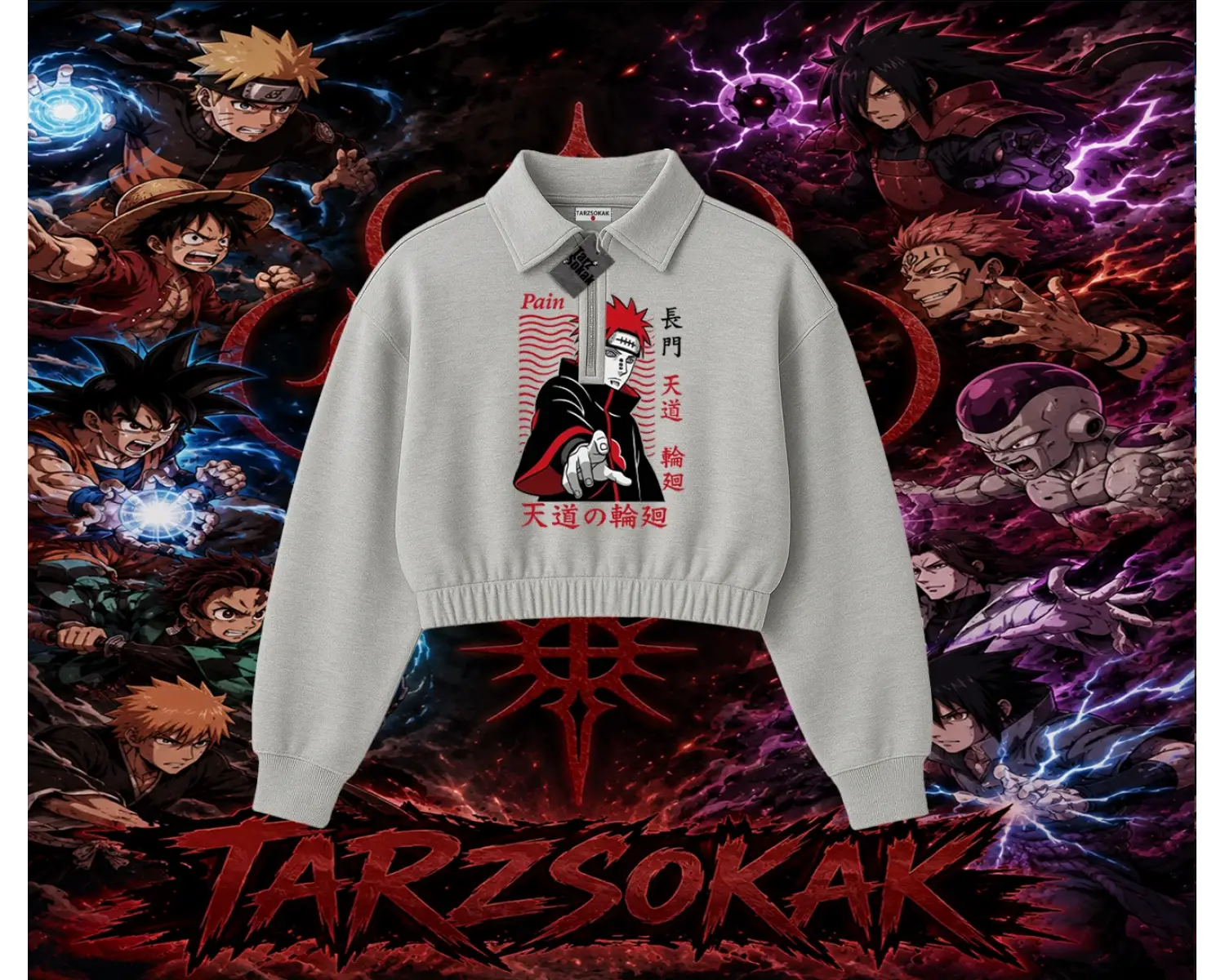 Naruto Uzumaki Premium Anime Kadın Crop Polo Yaka Yarım Fermuarlı Sweatshirt Beyaz