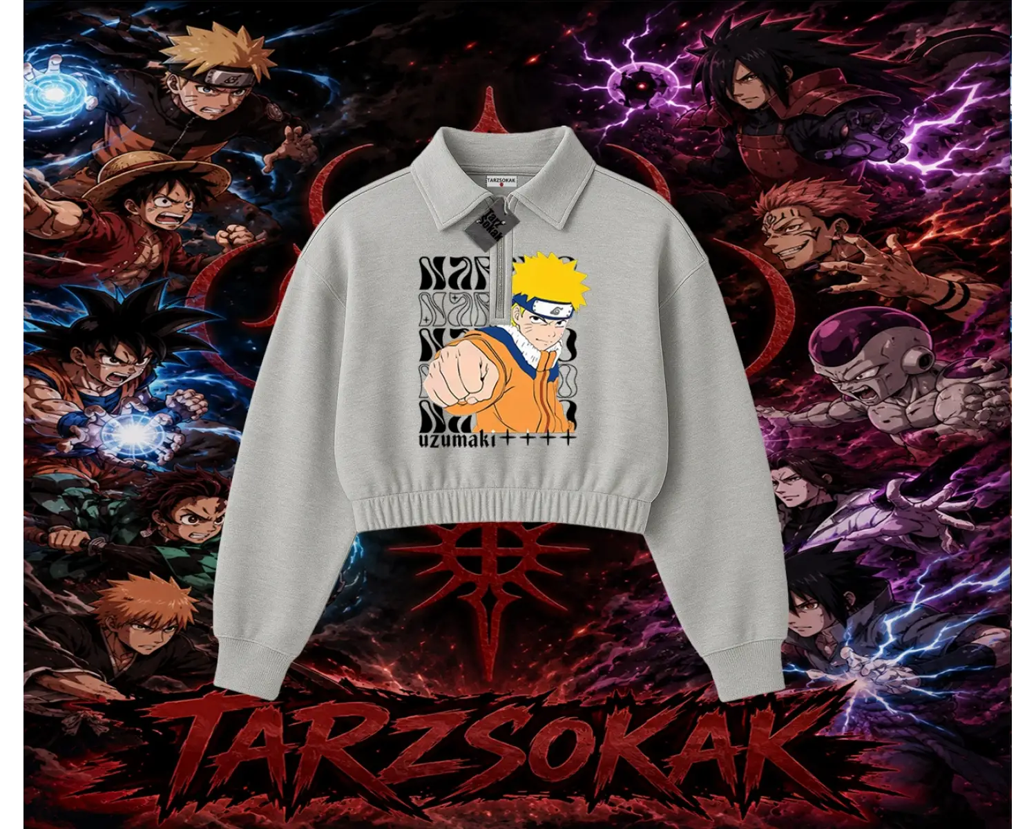 Naruto Uzumaki Premium Anime Kadın Crop Polo Yaka Yarım Fermuarlı Sweatshirt Beyaz
