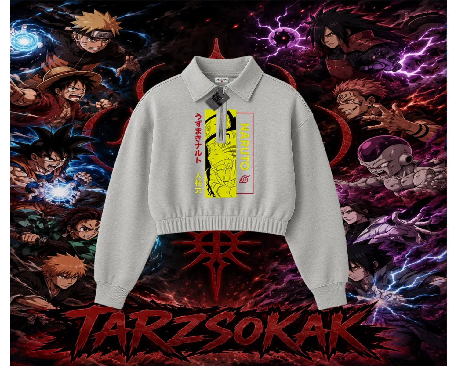 Naruto Uzumaki Premium Anime Kadın Crop Polo Yaka Yarım Fermuarlı Sweatshirt Beyaz