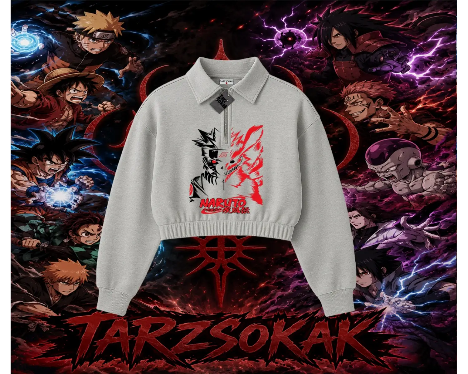 Naruto Uzumaki Premium Anime Kadın Crop Polo Yaka Yarım Fermuarlı Sweatshirt Beyaz