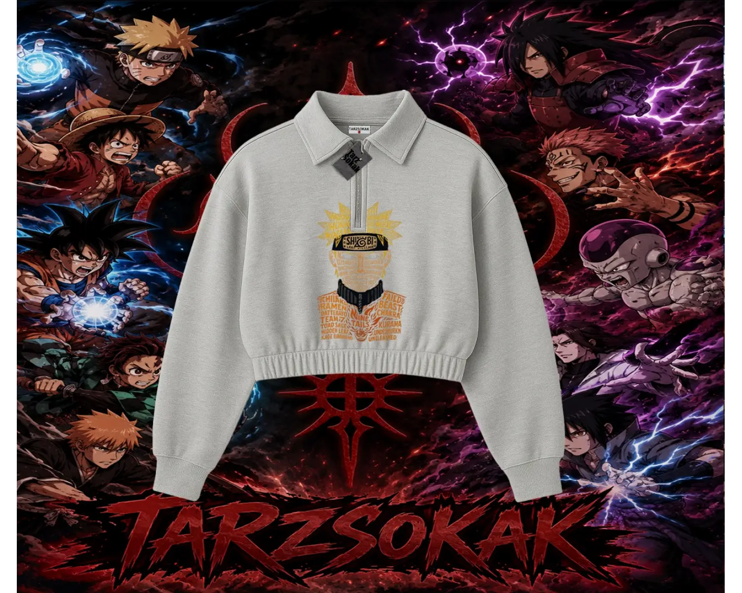 Naruto Uzumaki Premium Anime Kadın Crop Polo Yaka Yarım Fermuarlı Sweatshirt Beyaz