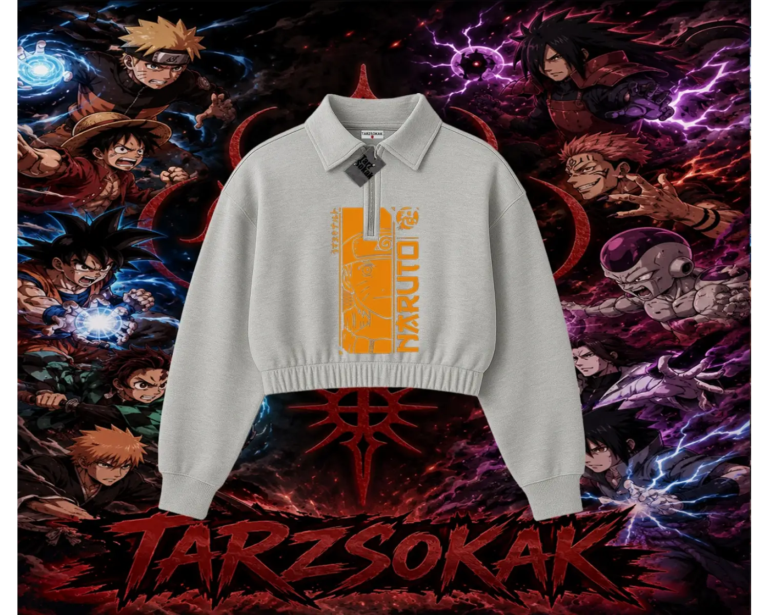 Naruto Uzumaki Premium Anime Kadın Crop Polo Yaka Yarım Fermuarlı Sweatshirt Beyaz