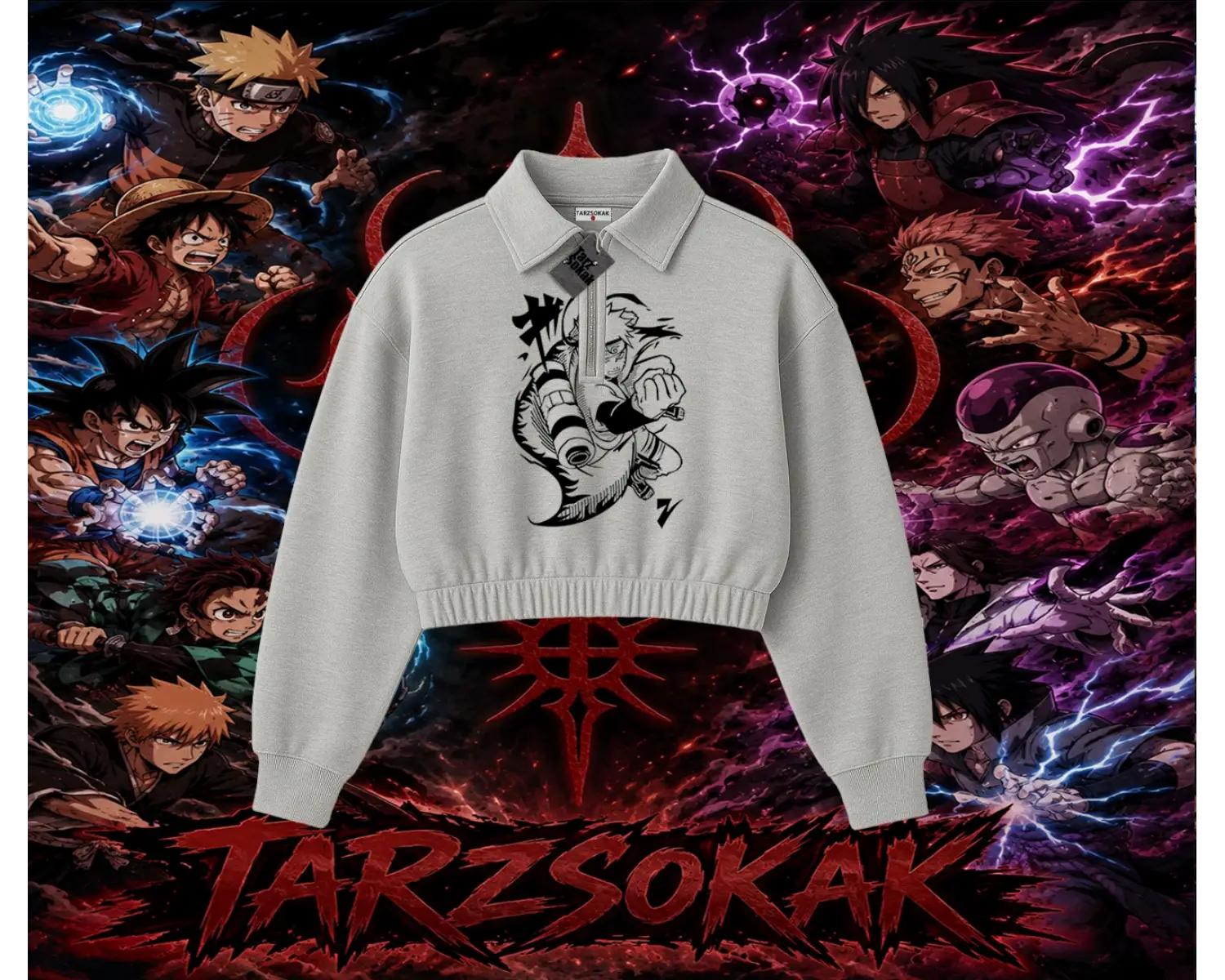 Naruto Uzumaki Premium Anime Kadın Crop Polo Yaka Yarım Fermuarlı Sweatshirt Beyaz