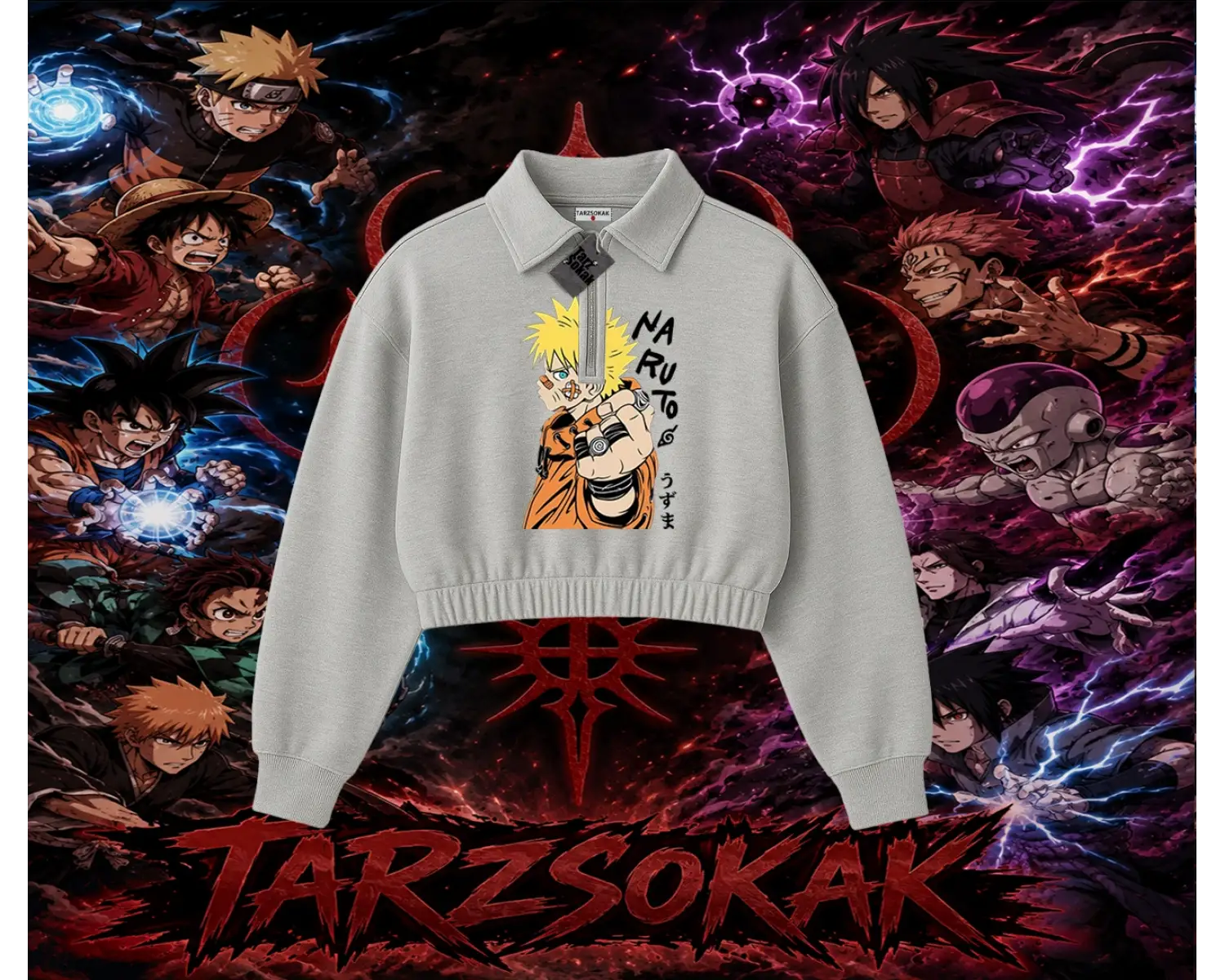 Naruto Uzumaki Premium Anime Kadın Crop Polo Yaka Yarım Fermuarlı Sweatshirt Beyaz