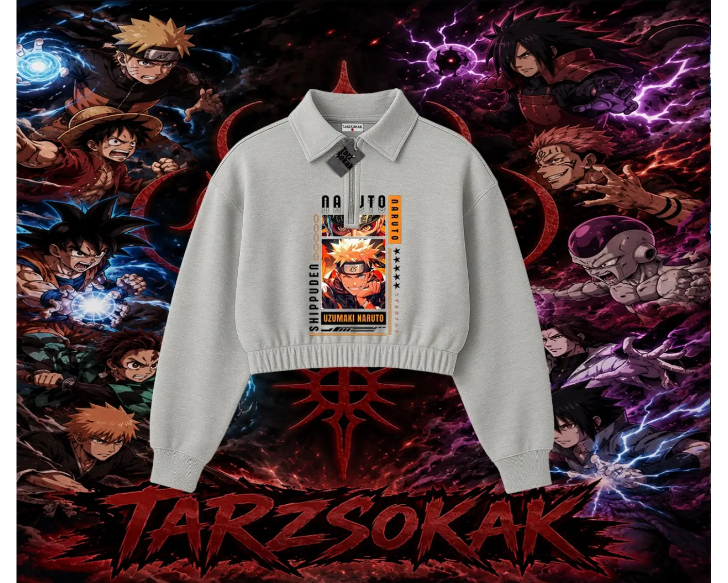 Naruto Uzumaki Premium Anime Kadın Crop Polo Yaka Yarım Fermuarlı Sweatshirt Beyaz