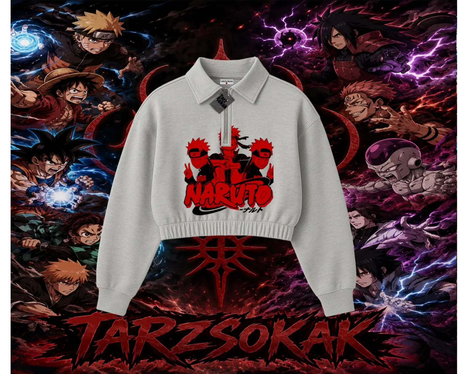 Naruto Uzumaki Premium Anime Kadın Crop Polo Yaka Yarım Fermuarlı Sweatshirt Beyaz