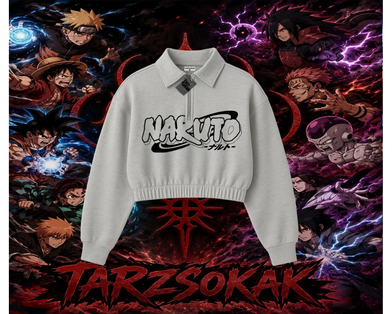 Naruto Uzumaki Premium Anime Kadın Crop Polo Yaka Yarım Fermuarlı Sweatshirt Beyaz