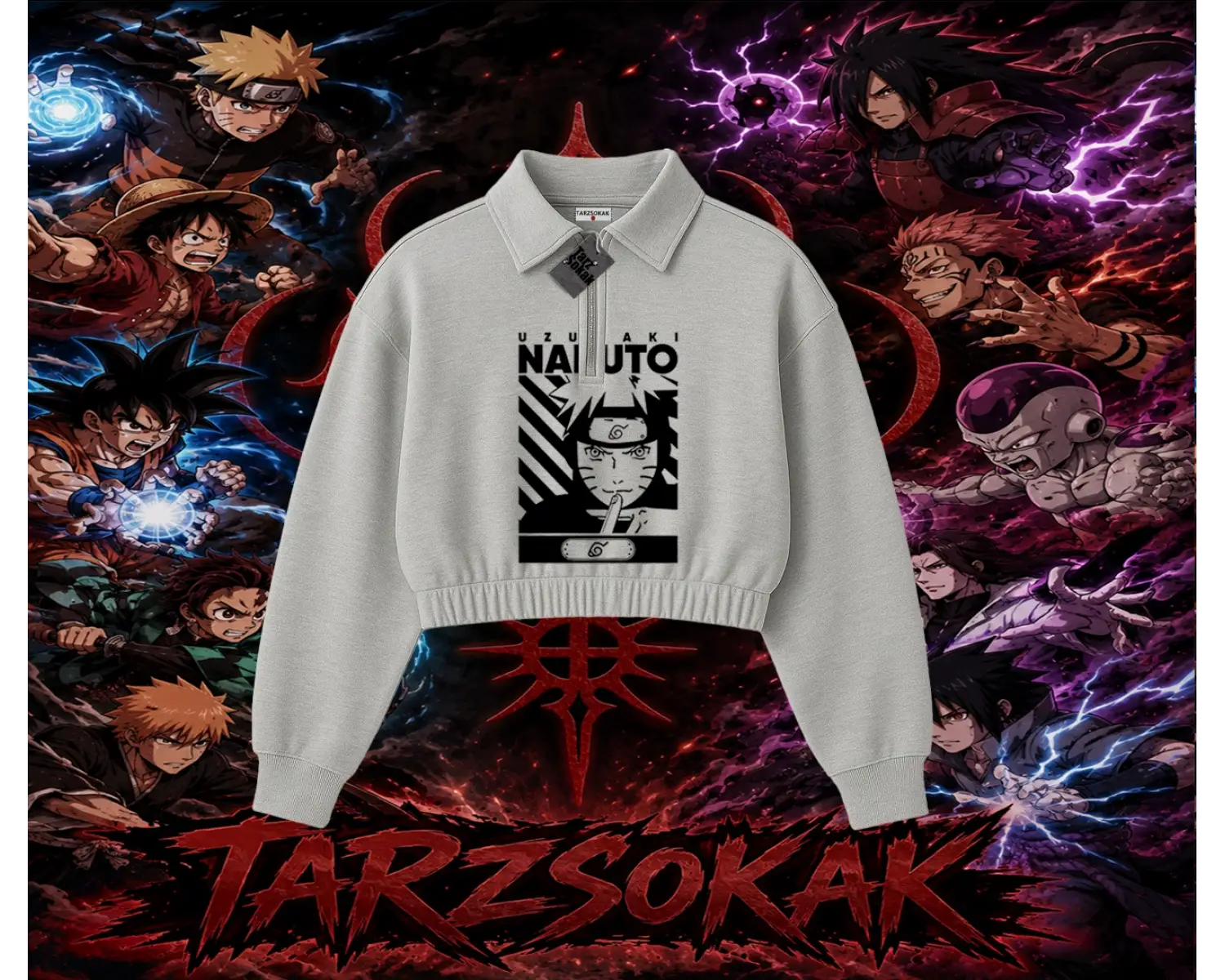Naruto Uzumaki Premium Anime Kadın Crop Polo Yaka Yarım Fermuarlı Sweatshirt Beyaz